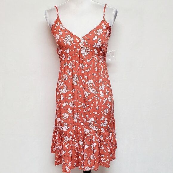 ULTRA Flirt Boho Orange White Floral Tiered Spaghetti Strap Mini Dress Small - Picture 2 of 12